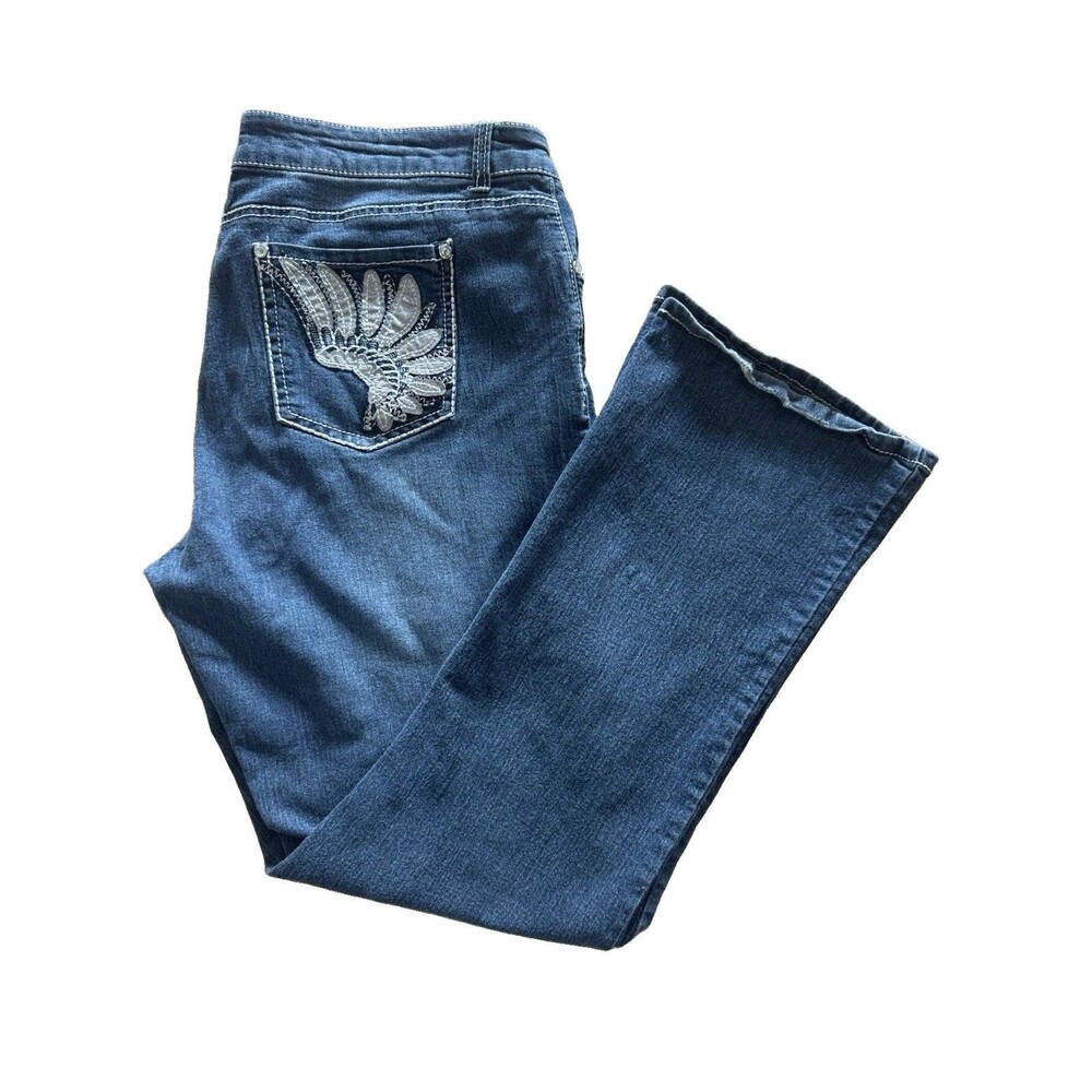 Faded Glory Jeans Womens 18A Blue Bootcut Embroidered Angel Wing Pockets Bling